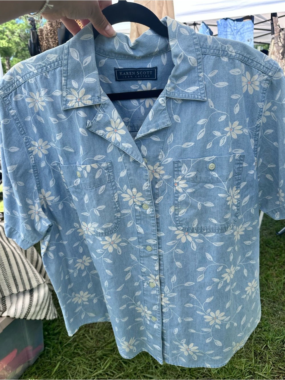 Karen Scott Pale Blue Floral Camp Shirt